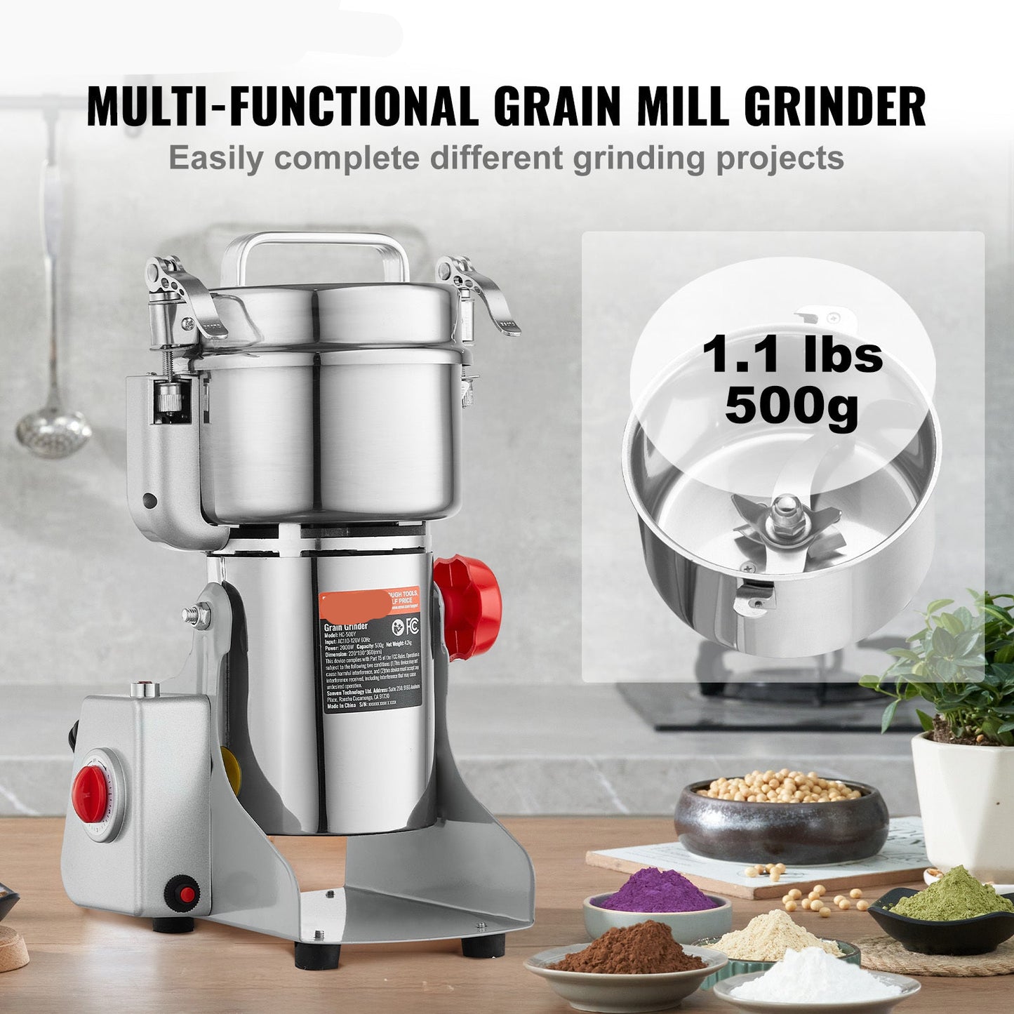 Krachtige Graanmaler – Specerijenmaler – Kruidenmolen – Elektrische Grinder – 2000W Motor – 500 Gram Capaciteit