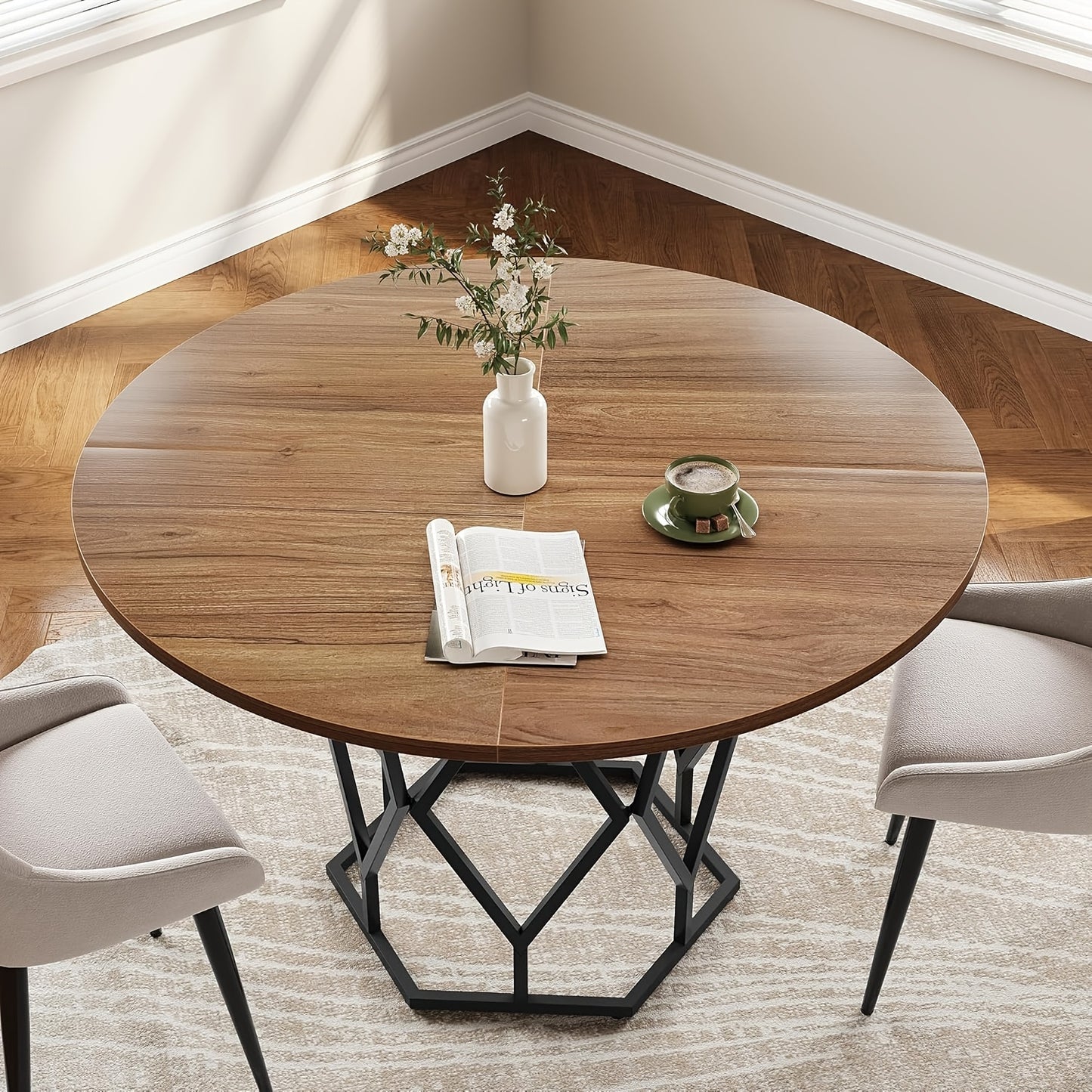 Ronde Eettafel – Eetkamertafel – Keukentafel – Tafel Met Verlengblad – Farmhouse Tafel – 119,38 cm Diameter – Warm Bruine Houtafwerking