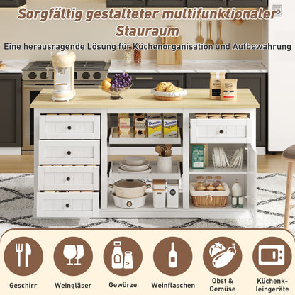 Sideboard, Kitchen Island, Wine Cabinet with 5 Drawers, 2 Pull-Out Shelves, Foldable Extension, Suitable for Kitchen, Dining Room, and Living Room, White, 150×65×75cm,  Spacesaving Furniture, Modern Sideboard, Minimalist Fu
