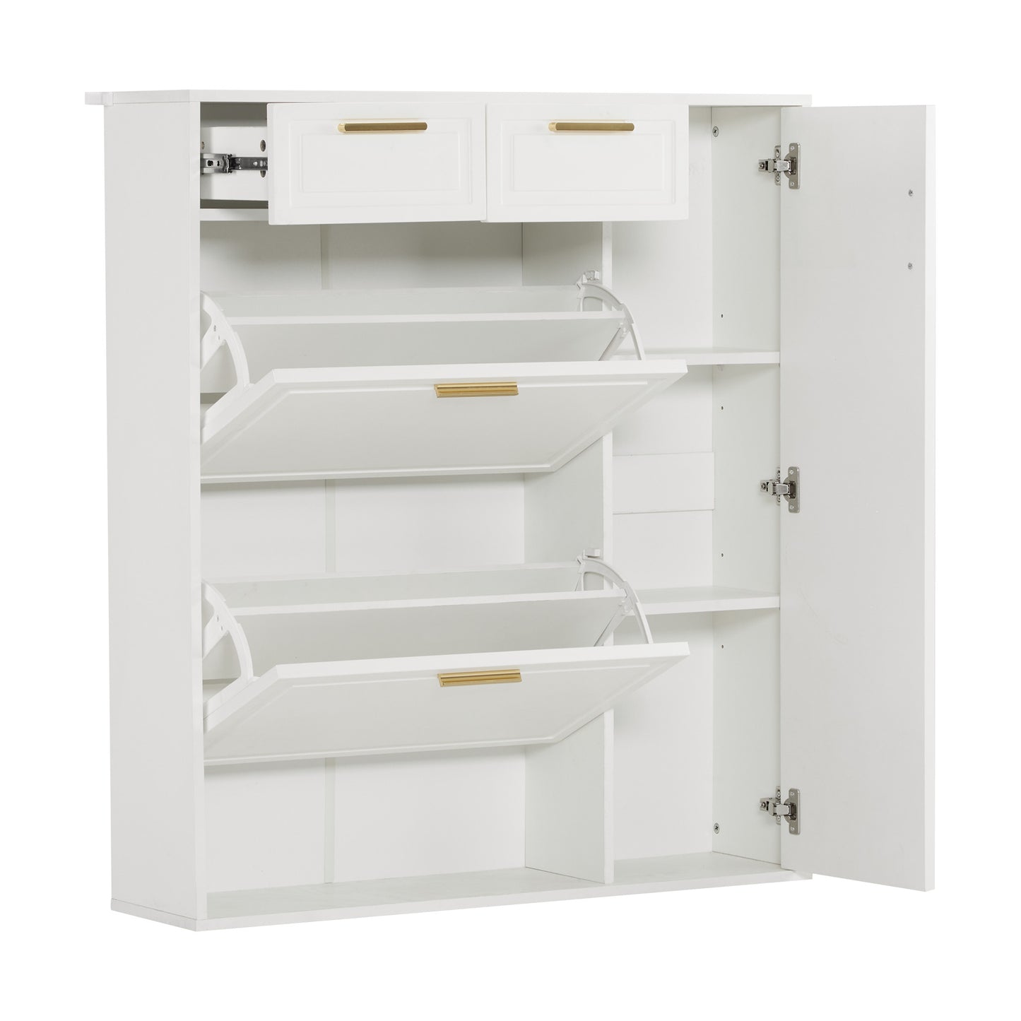 Schoenenkast – Schoenenrek – Schoenopberger – Schoenenkastje – Schoenmeubel – Wit Met Gouden Handgrepen – Verstelbare Planken – Twee Laden