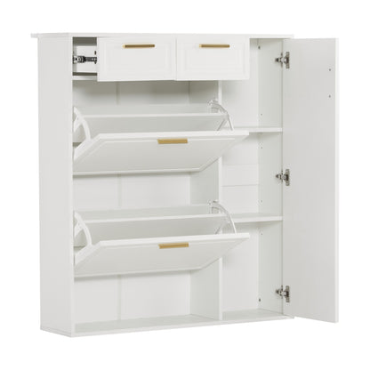Schoenenkast – Schoenenrek – Schoenopberger – Schoenenkastje – Schoenmeubel – Wit Met Gouden Handgrepen – Verstelbare Planken – Twee Laden