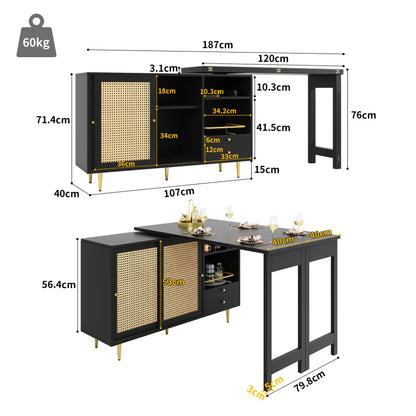 Bartafel – Statafel – Keukentafel – Bistrotafel – Barmeubel – 360° Draaibaar & Uitschuifbaar – MDF Met Rattan Opbergruimte – Zwart Retro Design – Compact Voor Kleine Ruimtes