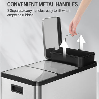 Kitchen Trash Can, Waste Separation System 3 Compartments 45L (3 X 15L), Stainless Steel Kitchen Trash Can, Pedal Bin with Color-coded Pedals, Waste Bin Quiet Slow Descent, Silvery