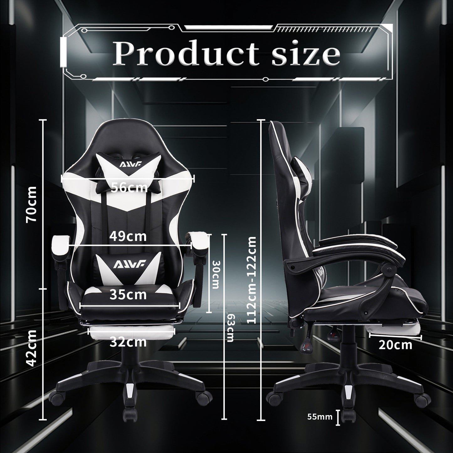 Gamingstoel – Gamestoel – Gaming Chair – Game Stoel – Bureaustoel – Ergonomisch Design – Verstelbare Lendensteun & Neksteun – Zwart-Wit