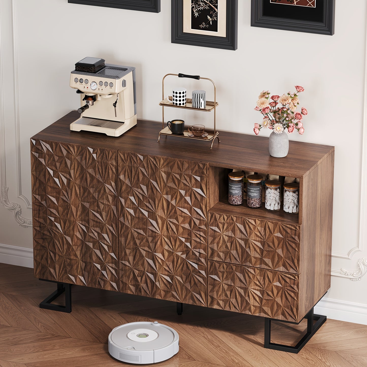 Modern Brown Entryway Storage Cabinet with 2 Doors & 2 Divided Drawers - Large Capacity Sideboard (≥3.2 Cu Ft), Metal Legs & Wicker Back Panel, Freestanding Hallway Furniture for Living Room, Dining Room - No Assembly Requi