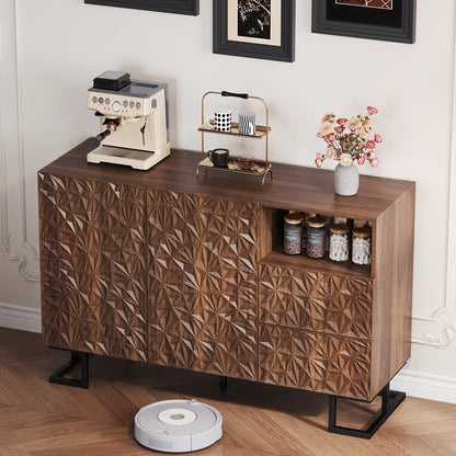 Modern Brown Entryway Storage Cabinet with 2 Doors & 2 Divided Drawers - Large Capacity Sideboard (≥3.2 Cu Ft), Metal Legs & Wicker Back Panel, Freestanding Hallway Furniture for Living Room, Dining Room - No Assembly Requi