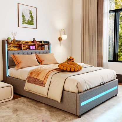 Modern Upholstered Double Bed Frame with Hydraulic Storage & LED Headboard - Lift-Up Platform Bed Suitable for Small Spaces, Grey Bed 140x200cm, Easy Assembly (No Mattress Included)