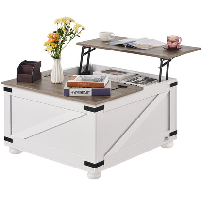 Salontafel – Koffietafel – Tafeltje – Woonkamertafel – Lift-Top Salontafel – 80x80 cm – Hydraulisch Hefblad – Grote Opbergruimte Grijs-Wit