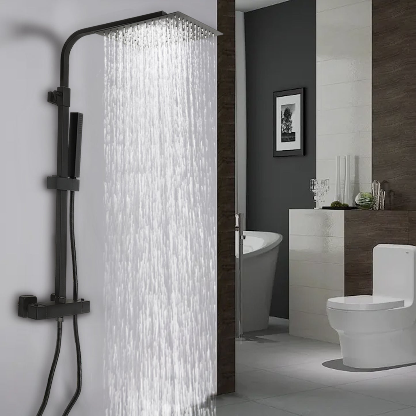 TOOL1SHOOO Constant Temperature Rain Shower System - Modern Black Design, 360° Rotatable 9, 213.36cm Top Shower Head, Adjustable Height 73.66-124.46cm with Stainless Steel Hose & Ceramic Valve Core, Wall-Mounted for Home, Ho
