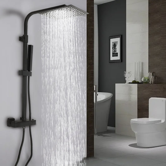 TOOL1SHOOO Constant Temperature Rain Shower System - Modern Black Design, 360° Rotatable 9, 213.36cm Top Shower Head, Adjustable Height 73.66-124.46cm with Stainless Steel Hose & Ceramic Valve Core, Wall-Mounted for Home, Ho