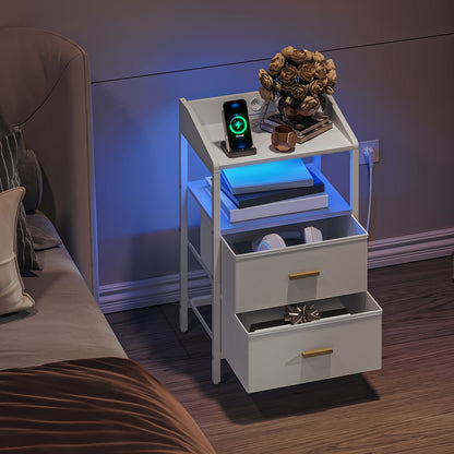 Nachtkastje – Bedside Table – Bijzettafel – Opberkkast – Nachtmeubel – Met LED Verlichting – USB Oplaadstation – Wit – 2 Lades – Stabiel Design