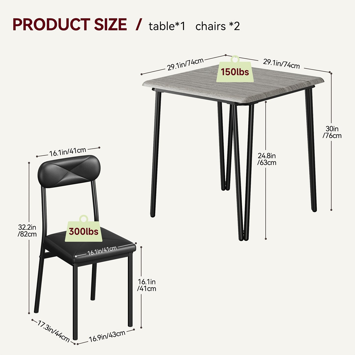 Eettafelset – Eettafelset – Eethoek – Keukentafelset – Zitgroep – Industrieel Design – Compact Formaat – MDF Tafelblad – Gestoffeerde Stoelen – 74x74 cm – Metaal & Hout – Grijs