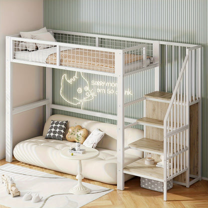 90*200 Loft Bed With Ladder With Iron And Storage Shelves