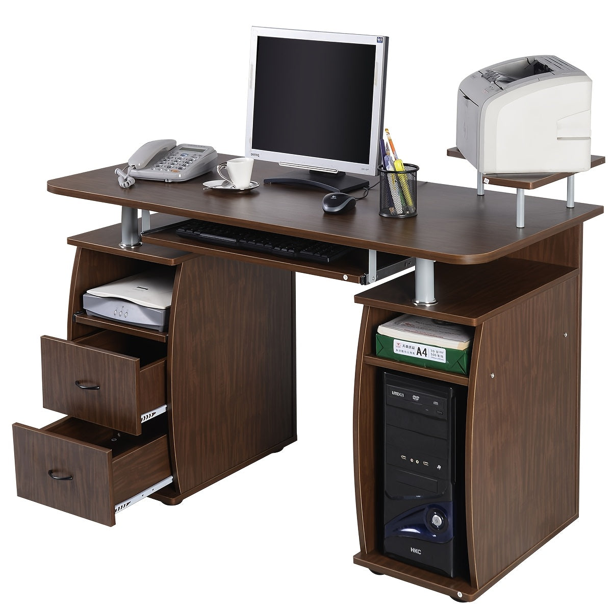 Computertafel – Bureau – Werktafel – Study Desk – Thuiswerkplek – Walnoot Hout – Ruime Werkoppervlakte 120x55 cm – Incl. Toetsenbordplaat & Printerrek