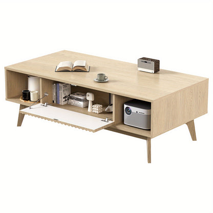 Salontafel – Koffietafel – Tafel – Woonkamertafel – Bijzettafel – Mid-Century Design – 2 Lades & Open Planken – Licht Eiken MDF – Draagvermogen 113 kg
