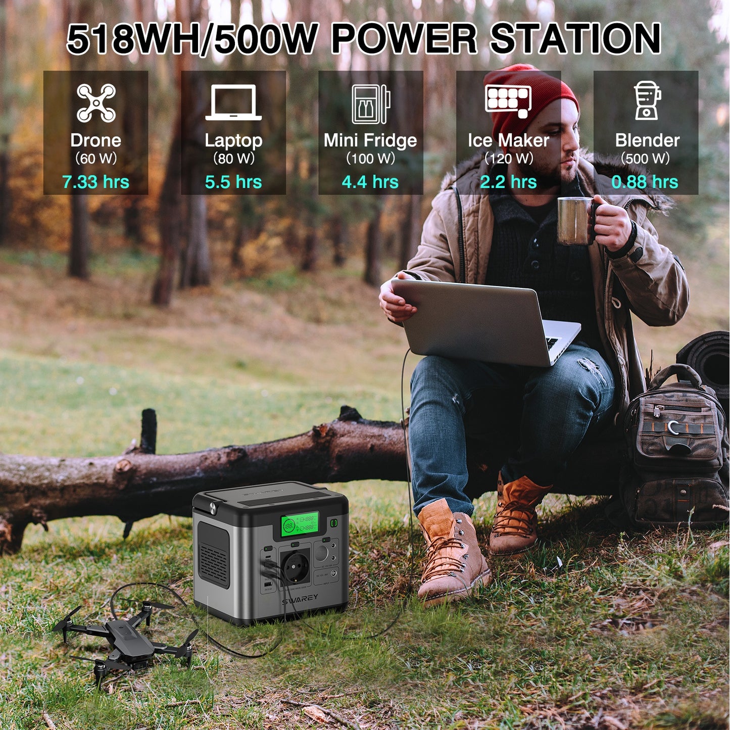 Draagbare Powerstation – Mobiele Accu – Noodstroomvoorziening – Camping Accu – 518Wh Batterij – 500W Sinusgolf Uitgang