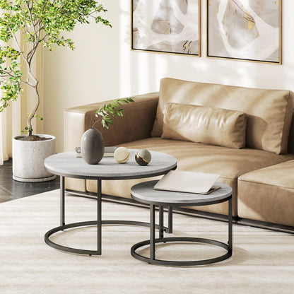 Bijzettafel – Bijzettafels – Salontafel – Sidetable – Banktafel – Industrieel Design – Metalen Frame – Betonlook – Set Van 2 Ronde Tafels