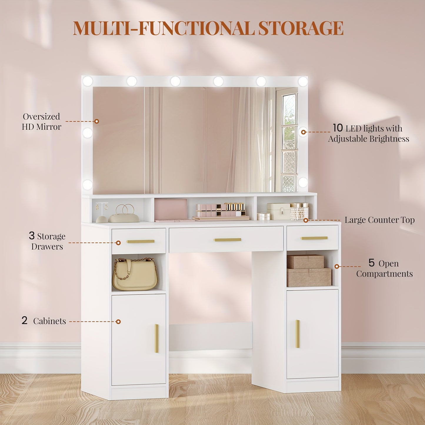 Kaptafel – Make-uptafel – Toiletmeubel – Schminktafel – Slaapkamermeubel – Wit – Groot Spiegeloppervlak – Veel Opbergruimte met 3 Lades en 2 Kasten