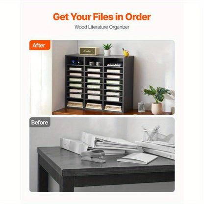 Houten Organizer – Boekhouder – Tijdschrifthouder – Documentenrek – Opbergmeubel – 24 Verstelbare Planken – Grijs Fiberboard – Compact & Duurzaam
