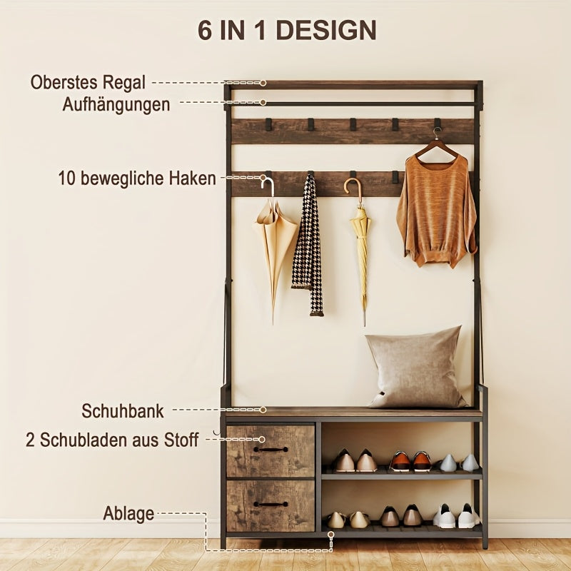Kapstok – Staande Kapstok – Garderoberek – Kapstok Met Schoenenrek – Kapstok Met Bank – Industrieel Design – Zware Metalen Constructie – 10 Haken & 2 Stoffen Lades