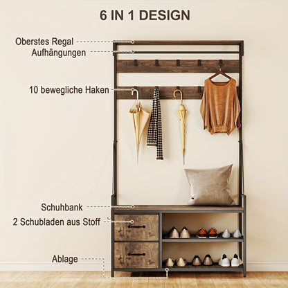 Kapstok – Staande Kapstok – Garderoberek – Kapstok Met Schoenenrek – Kapstok Met Bank – Industrieel Design – Zware Metalen Constructie – 10 Haken & 2 Stoffen Lades