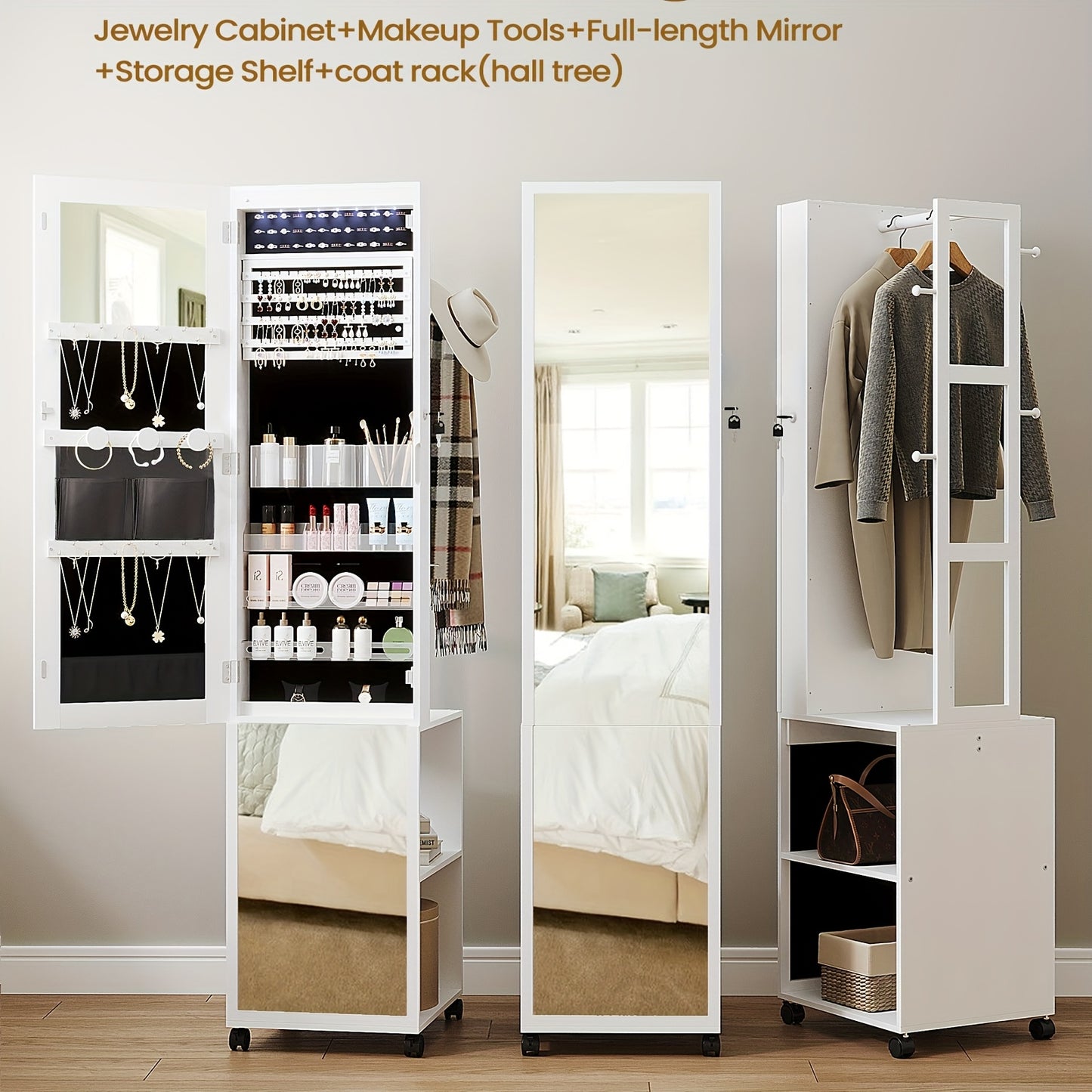 Juwelenkast – Sieradenkast – Sieraden Organizer – Spiegelkast – Staande Opberger – Witte Kast Met Beige Voering – 5-in-1 Opbergsysteem – Compact En Duurzaam