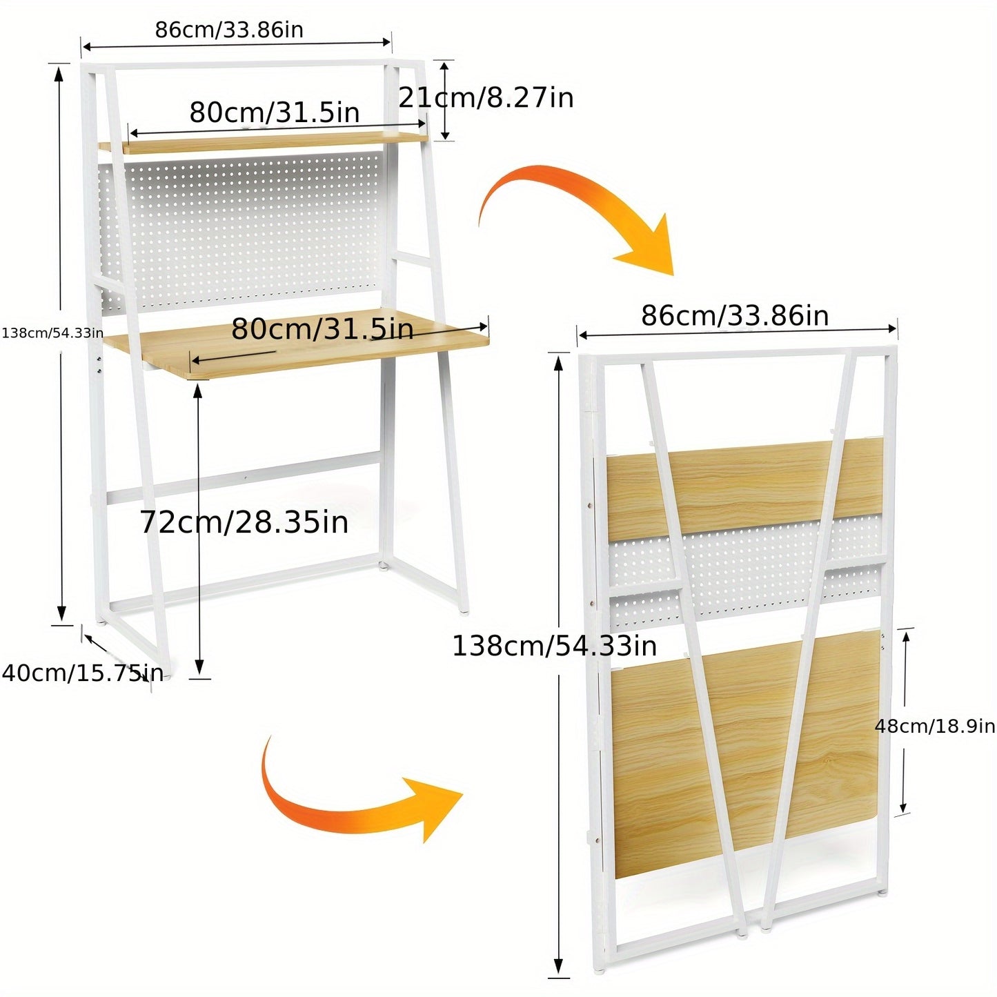 Bureau – Werkplek – Computertafel – Schrijftafel – Bureautafel – Eikenhout Met Wit Metalen Frame – Inclusief Opbergrek – Compact 138x40x86 cm
