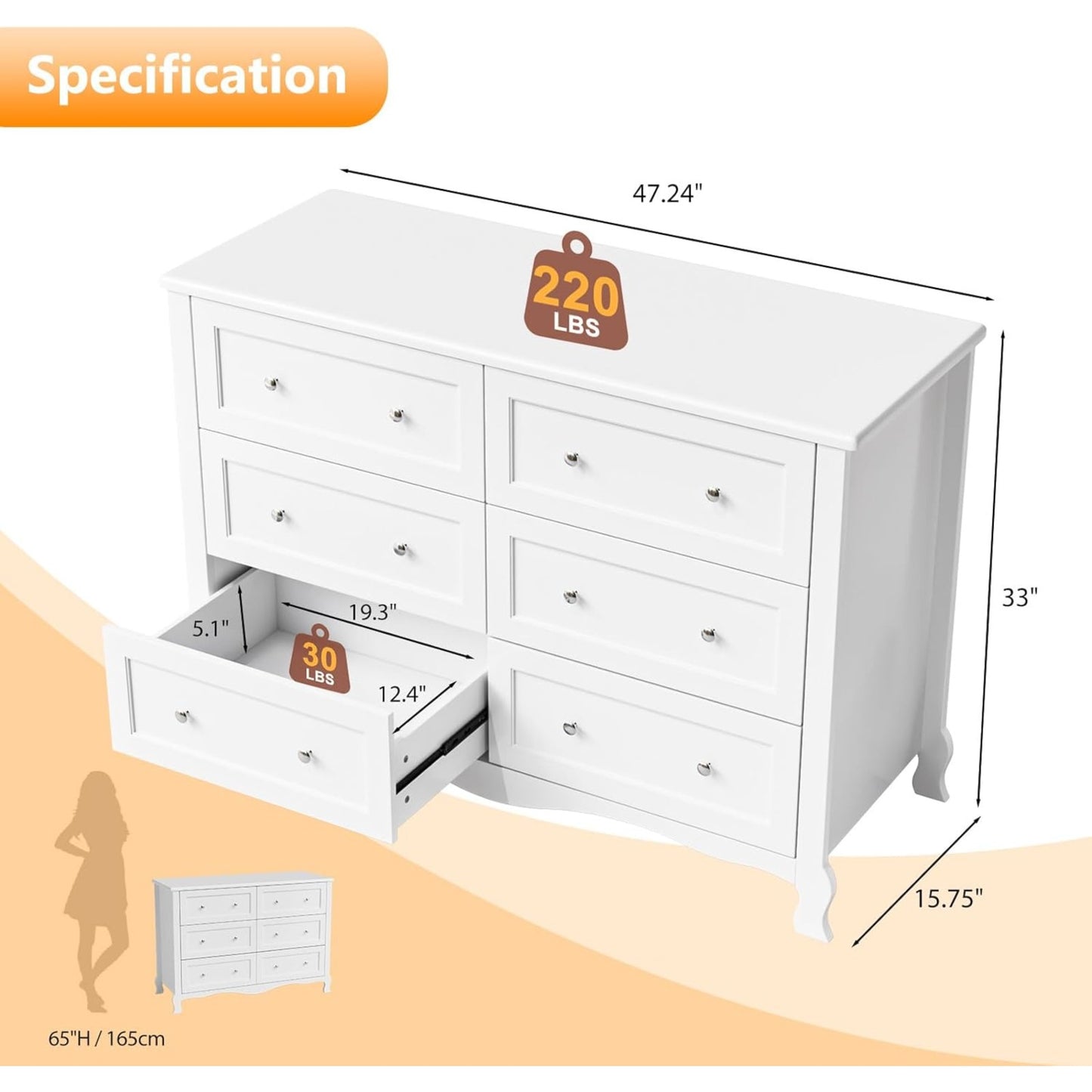 Commode – Ladekast – Dressoir – Kast – Opberger – Witte Commode – 6 Lades – Stevig P2-MDF – Compact 120x40x84 cm