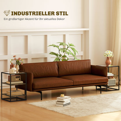 Bijzettafel – Salontafel – Tafeltje – Nachtkastje – 2-delige Set Rustic Brown – Met Glazen Blad – Robuust Metalen Frame – 3-laags Design