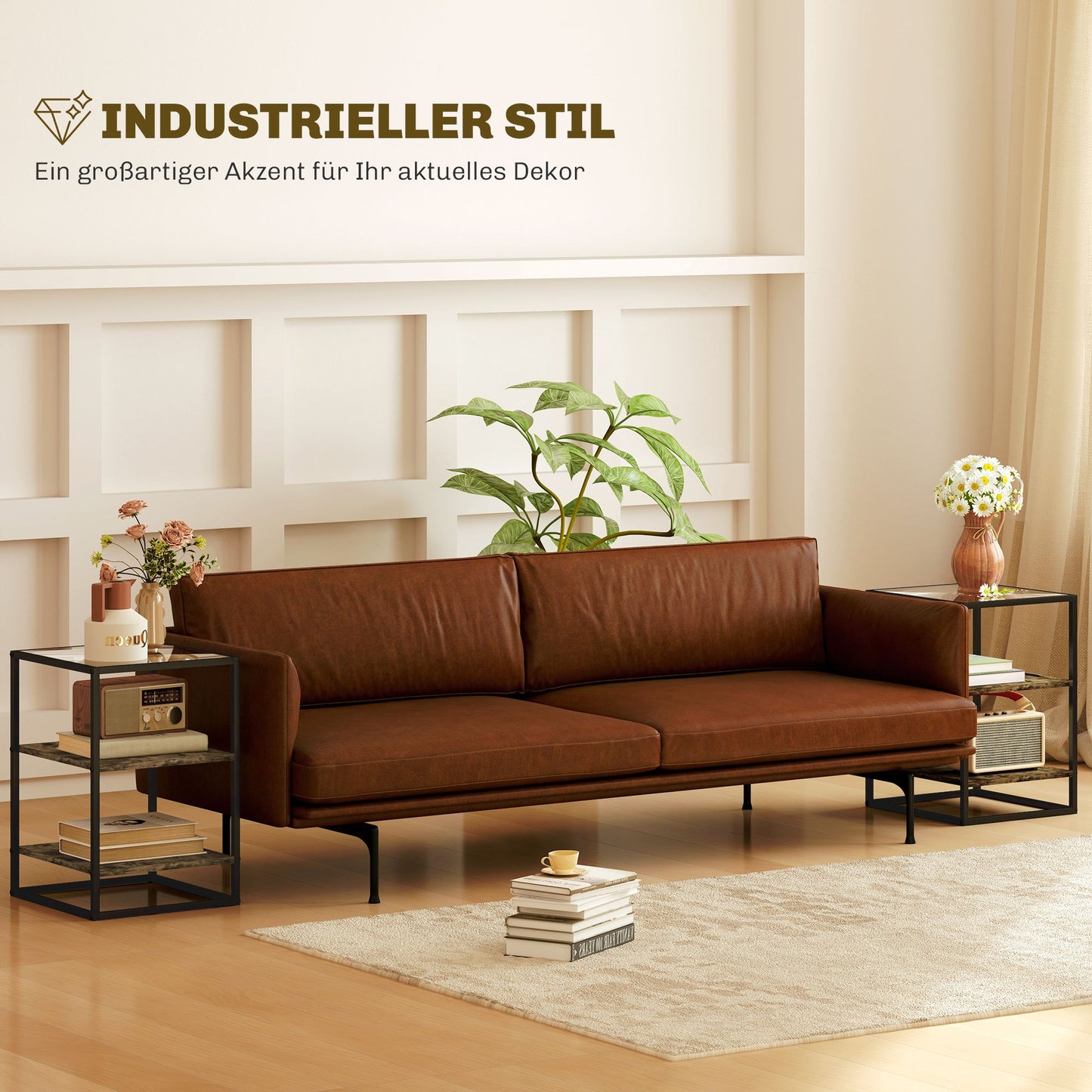 Bijzettafel – Bijzettafeltje – Nachtkastje – Salontafel – Zijtafel – 2-delige Set – Metalen Frame en Glazen Blad – 3 Hoogtes – Rustiek Bruin