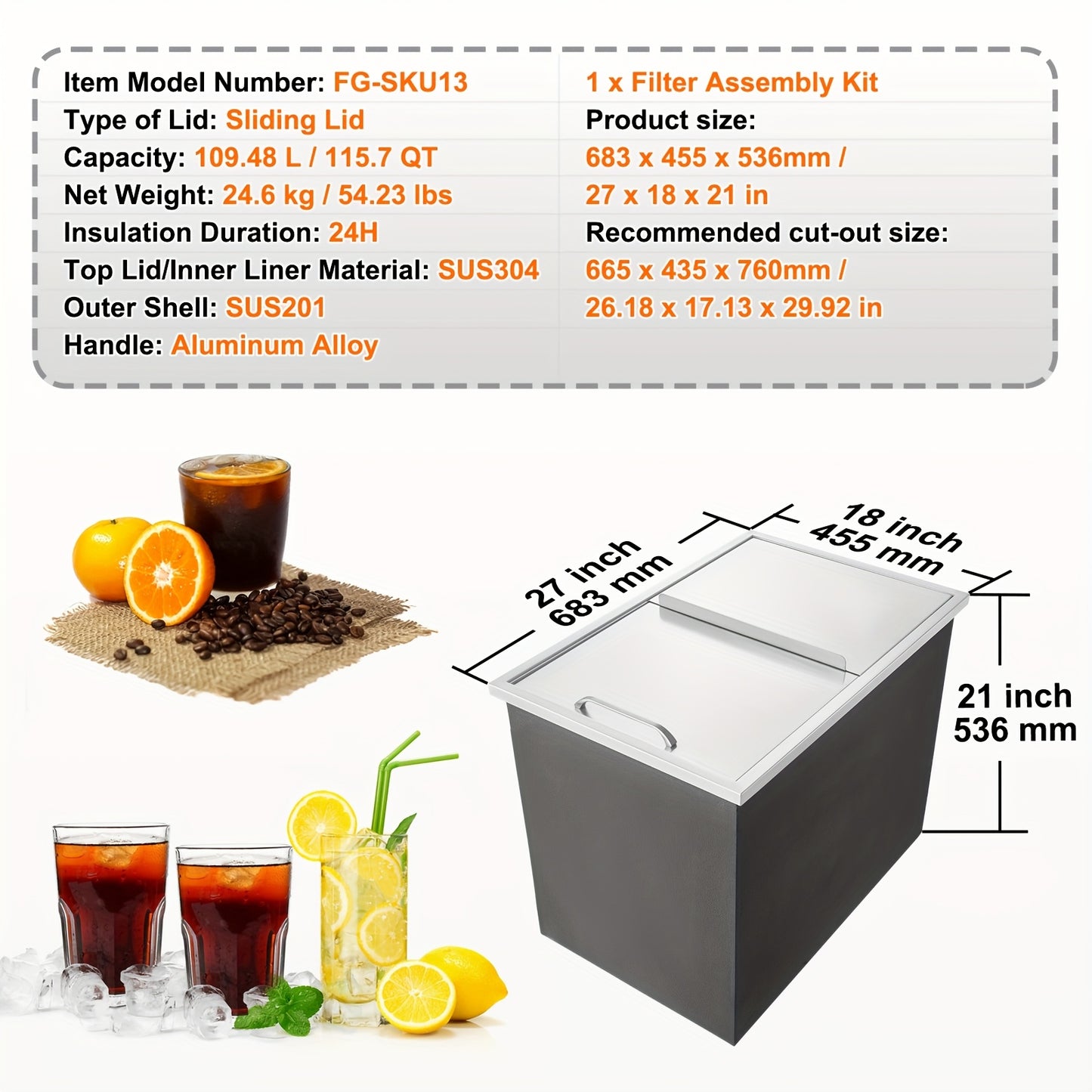 RVS Inbouw Koelbox – IJsbox – Koelbak – Drinkenkoeler – IJscontainer – 39 Liter Inhoud – Roestvrij Staal Met Afvoersysteem