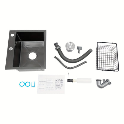 Enkele Spoelbak – Keukenspoelbak – Wastafel – Inbouwspoelbak – Zwarte Spoelbak – Roestvrij Staal 201 – Nano-Coating & X-vormige Waterafvoer – Ingebouwde Zeepdispenser 150ml