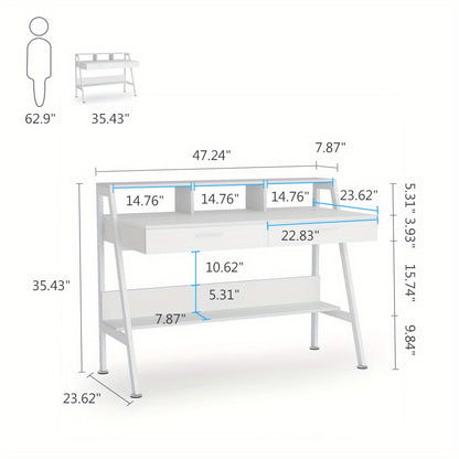 Bureau – Bureautafel – Computertafel – Werkplek – Schrijftafel – Wit Hout – Met Opbergruimte en Monitorstandaard – 120 cm Breed