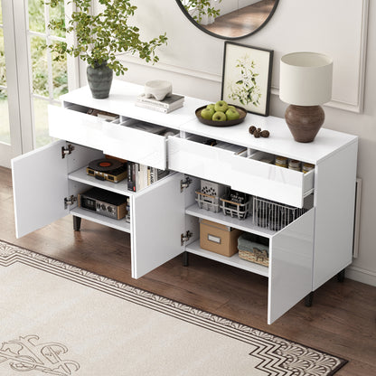 Moderne Kast – Opbergkast – Ladekast – Hoogglans Kast – Dressoir – Wit Hoogglans – 4 Ruime Lades – Verstelbare Planken