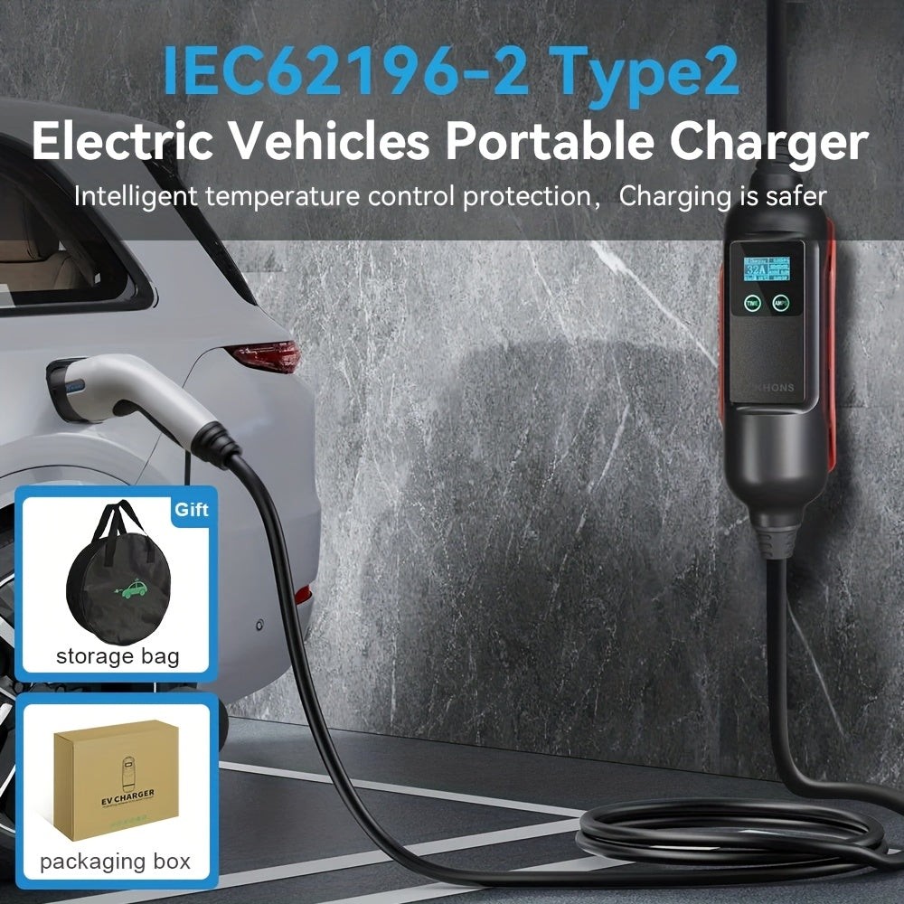 Draagbare EV Lader – Elektrische Auto Oplader – Type 2 Laadkabel – Mobiele Laadstation – 7 kW 32A – TPU Kabel – Veilig Laden Zonder App