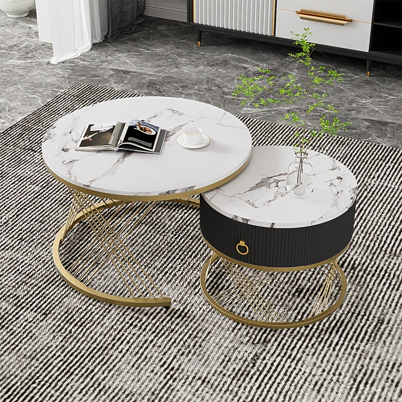 Salontafel – Koffietafel – Bijzettafel – Woonkamertafel – Tafelset – Marmerlook – Gouden Accenten – Modulaire Set Met Laden – Modern Design