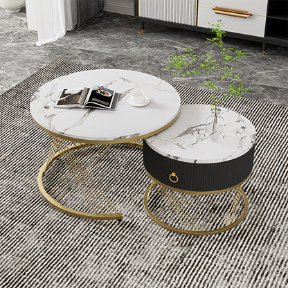 Salontafel – Koffietafel – Bijzettafel – Woonkamertafel – Tafelset – Marmerlook – Gouden Accenten – Modulaire Set Met Laden – Modern Design