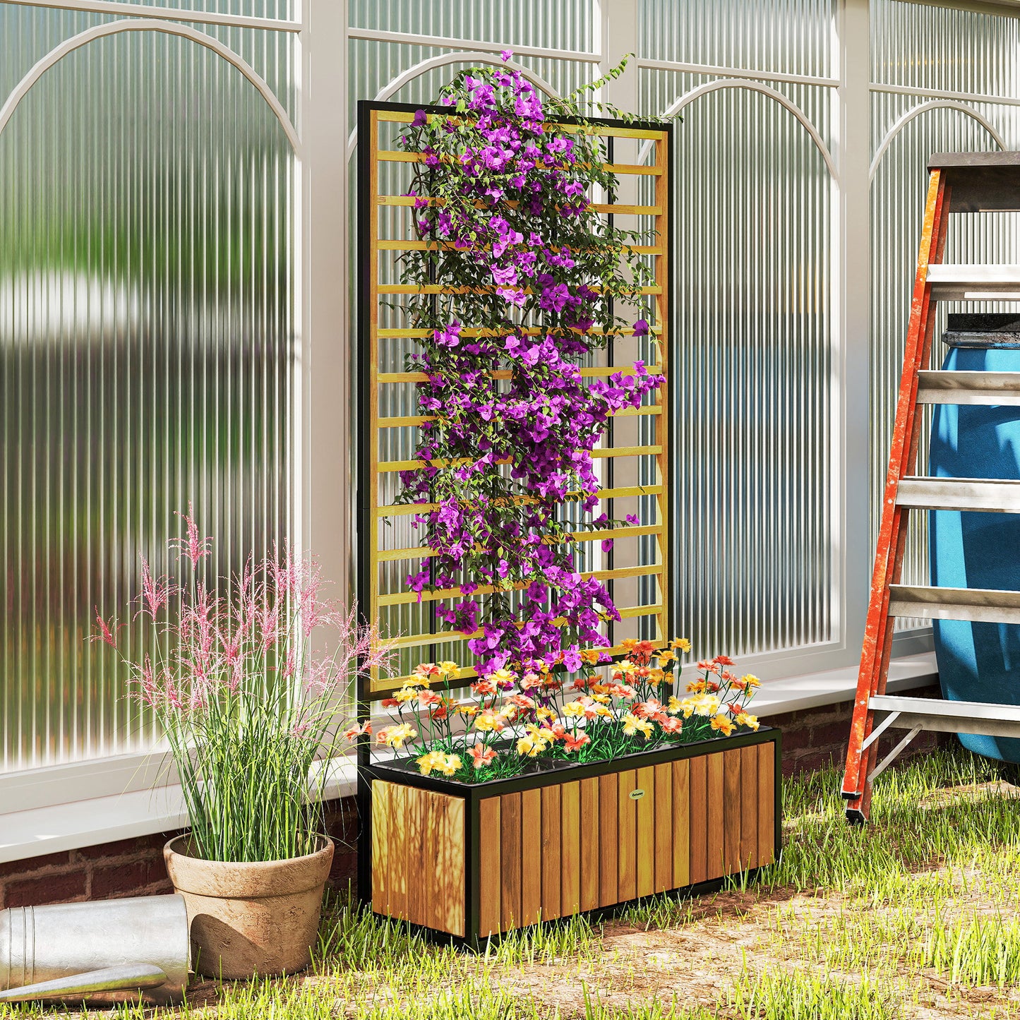 Verhoogde Plantenbak – Tuinbak – Bloembak – Plantenbak Met Klimrek – Balkonbak – Acaciahout En Staal – Drie Plantenvakken Met Drainage – Verstelbare Voeten 74x27x131 cm Teak