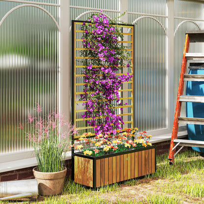 Verhoogde Plantenbak – Tuinbak – Bloembak – Plantenbak Met Klimrek – Balkonbak – Acaciahout En Staal – Drie Plantenvakken Met Drainage – Verstelbare Voeten 74x27x131 cm Teak