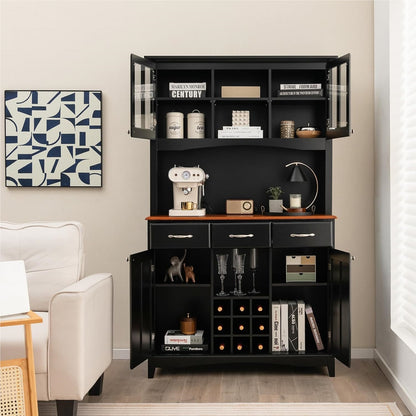 Keukenkast – Keukenbuffet – Kast – Dressoir – Opbergkast – Zwart – 3 Laden En Verstelbare Planken – Wijnrek En Open Schappen – 112x43x184,5 cm