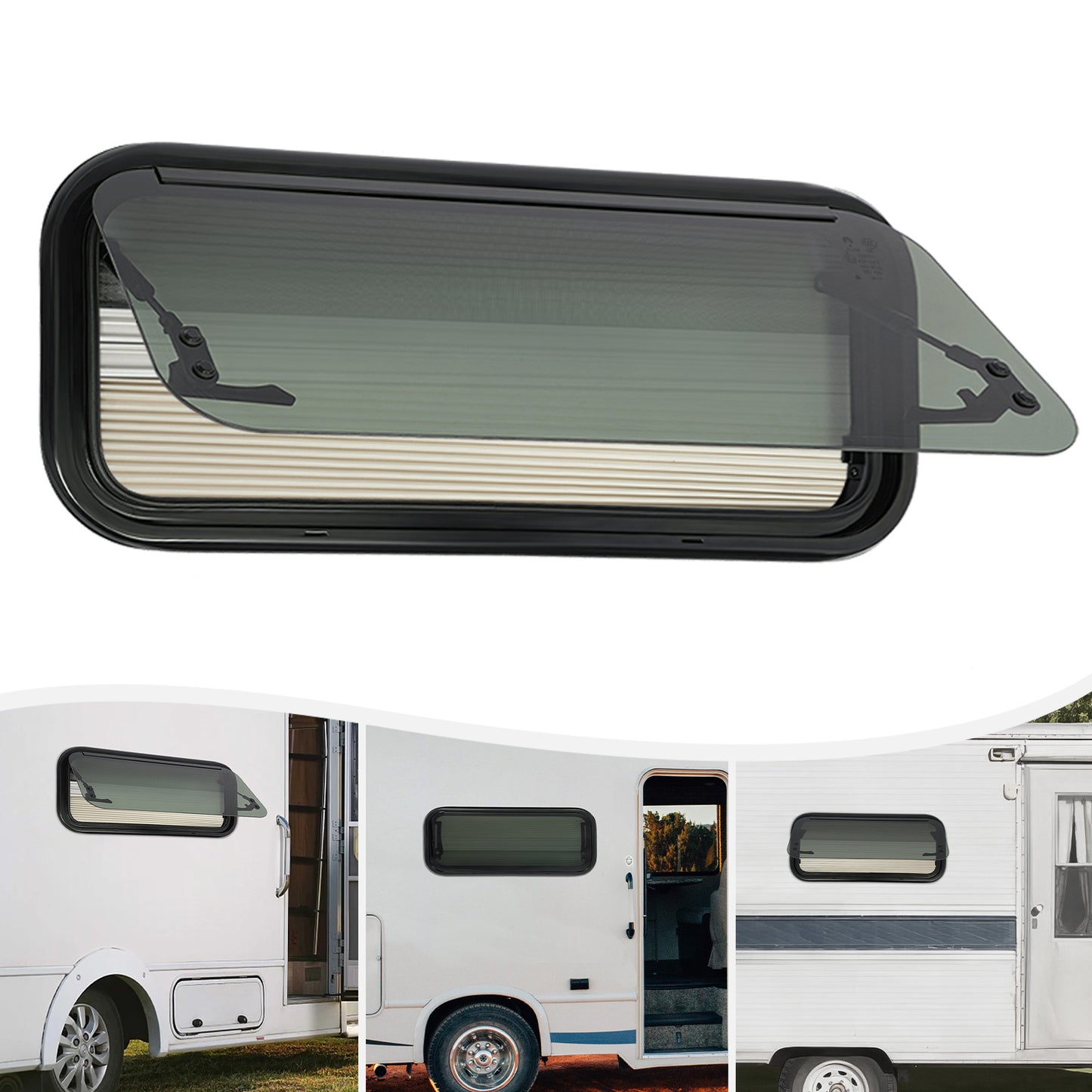 Caravanraam – Camperraam – Schuifraam – Dakraam – Zijraam – Aluminium Frame – Getemperd Glas – Handbediend Slingerbediening – Insectenscherm & Zonwering – 700x300 mm