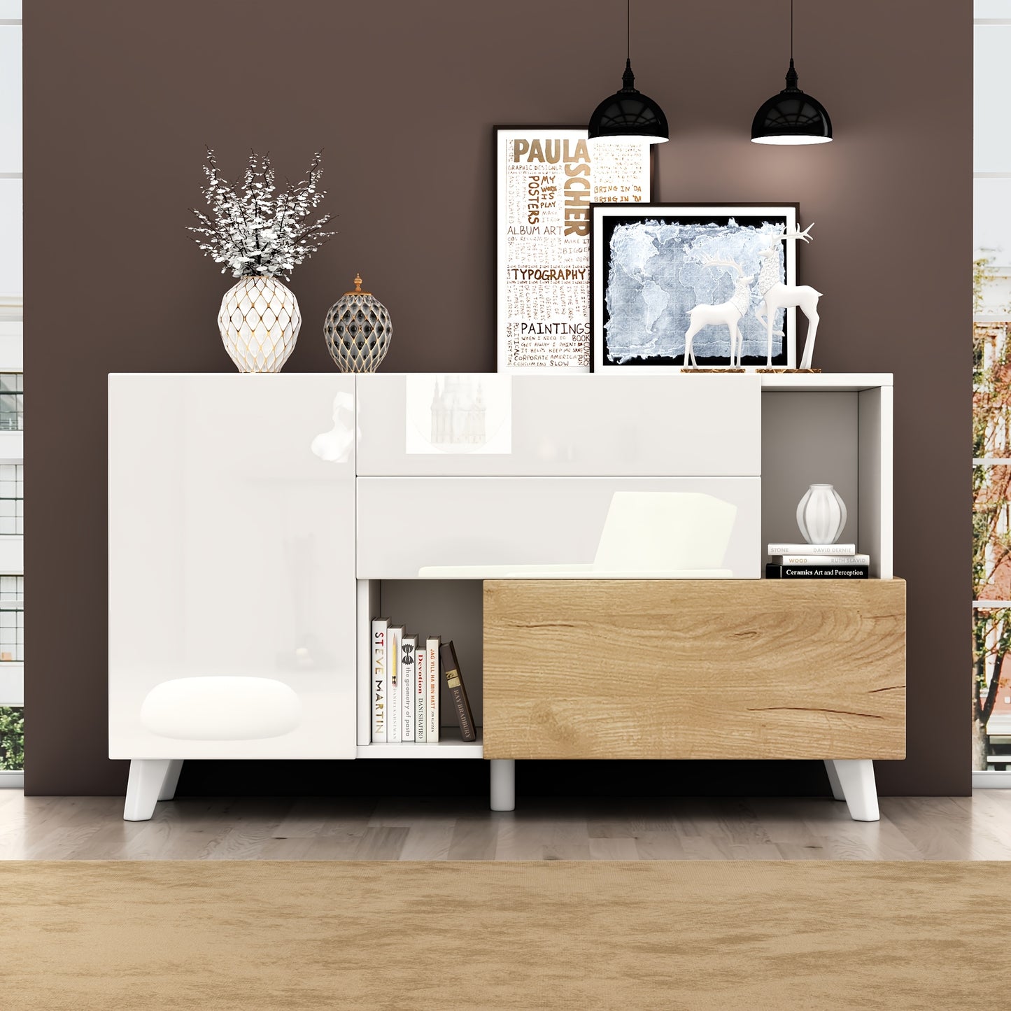 Opberkkast – Bergkast – Kast – Dressoir – Wit en Khaki – Bamboe Materiaal – Geen Montage Nodig