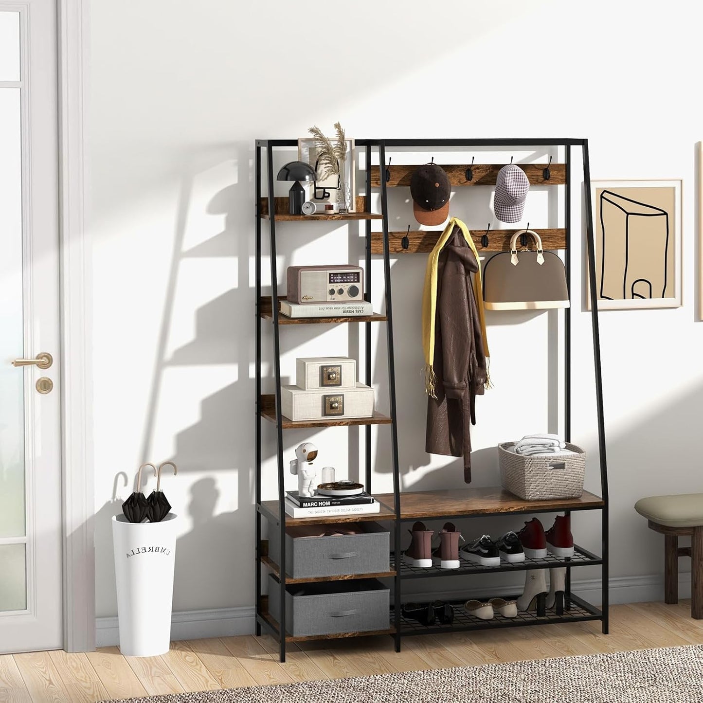 Kapstok – Halmeubel – Garderoberek – Staande Kapstok – Wandkapstok – Industrieel Design – 9 Dubbele Haken – Bankje met Schoenenopslag