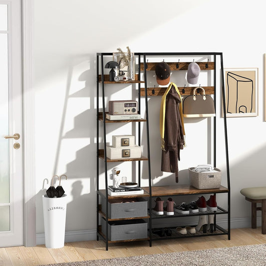 Kapstok – Halmeubel – Garderoberek – Staande Kapstok – Wandkapstok – Industrieel Design – 9 Dubbele Haken – Bankje met Schoenenopslag