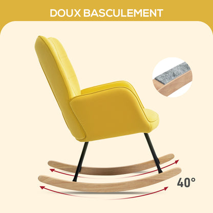 Schommelstoel – Rocking Chair – Wiegstoel – Relaxstoel – Voedingsstoel – Fluweel Bekleding – Stalen Frame Met Massief Houten Poten – Geel
