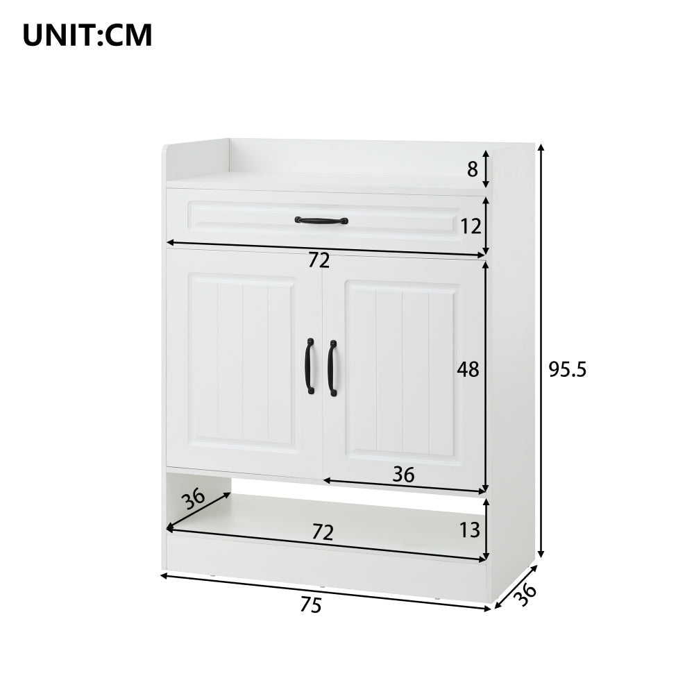 Modern White Metal Shoe Cabinet with Adjustable Shelves, 2 Doors & Drawer - Space-Saving Vertical Storage Organizer with Black Frame, Golden-Toned Hardware, Compact Design for Entryway, Hallway, Small Spaces - Durable Metal C