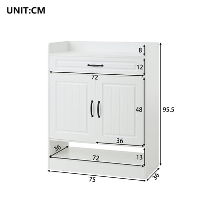 Modern White Metal Shoe Cabinet with Adjustable Shelves, 2 Doors & Drawer - Space-Saving Vertical Storage Organizer with Black Frame, Golden-Toned Hardware, Compact Design for Entryway, Hallway, Small Spaces - Durable Metal C