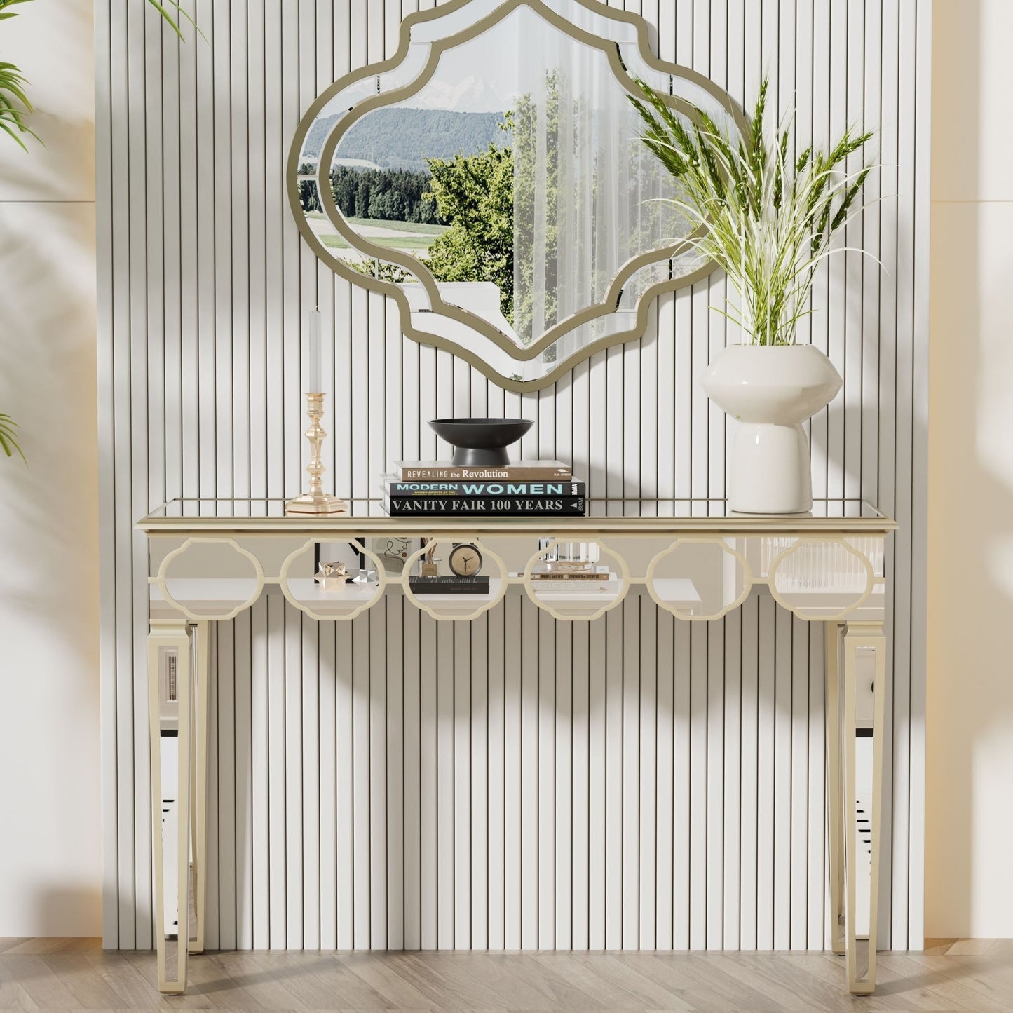 Spiegelconsole – Sidetable – Kaptafel – Haltafel – Make-uptafel – Luxe Design – Groot Formaat 120x35x76 cm – Lichtgouden Frame