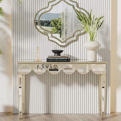 Spiegelconsole – Sidetable – Kaptafel – Haltafel – Make-uptafel – Luxe Design – Groot Formaat 120x35x76 cm – Lichtgouden Frame
