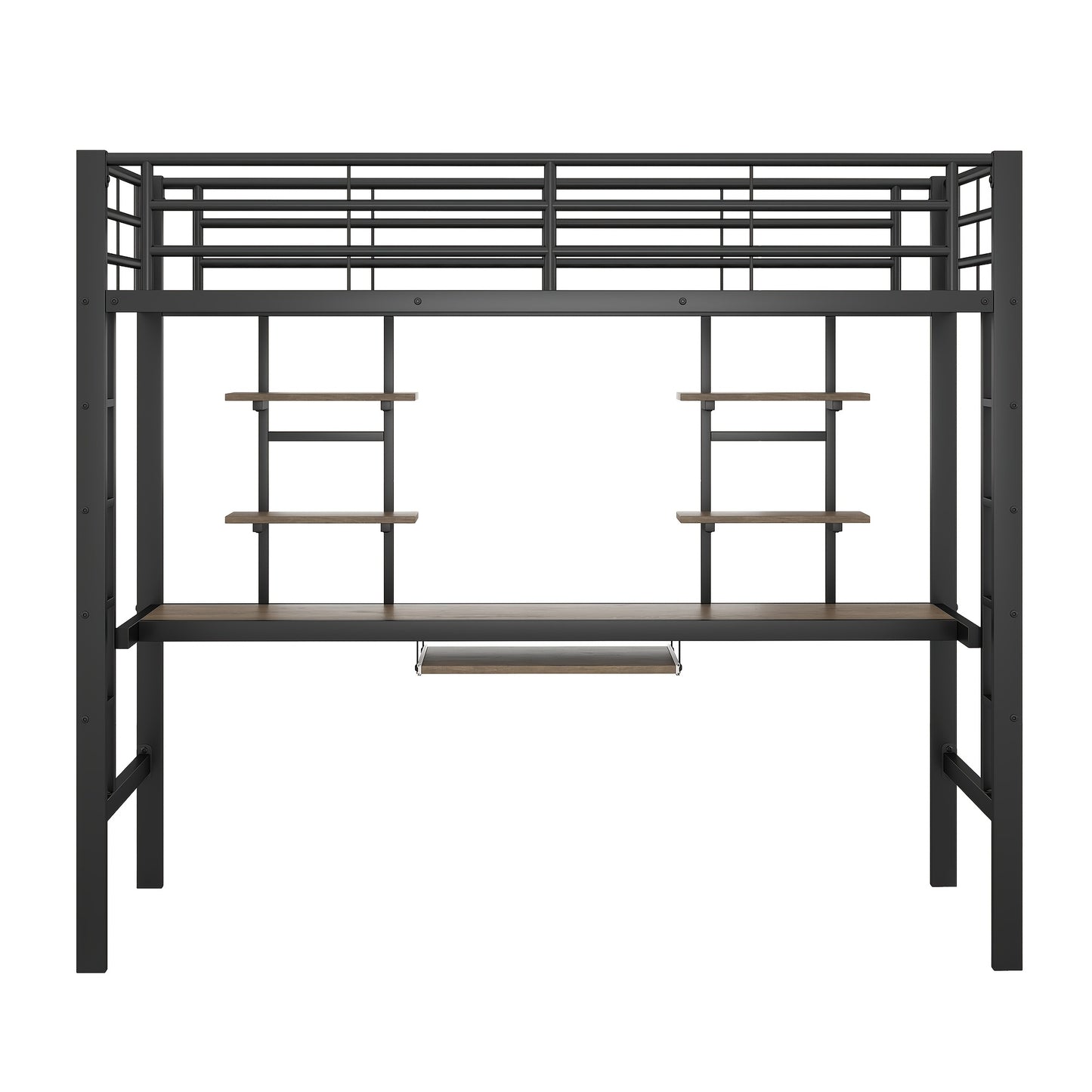 Bedframe – Metalen Bed – IJzeren Bed – Hoogslaper – Eenpersoonsbed – Inclusief Bureau En Boekenplanken – Robuust Stalen Frame – Afmeting 90x200 cm – Zwart